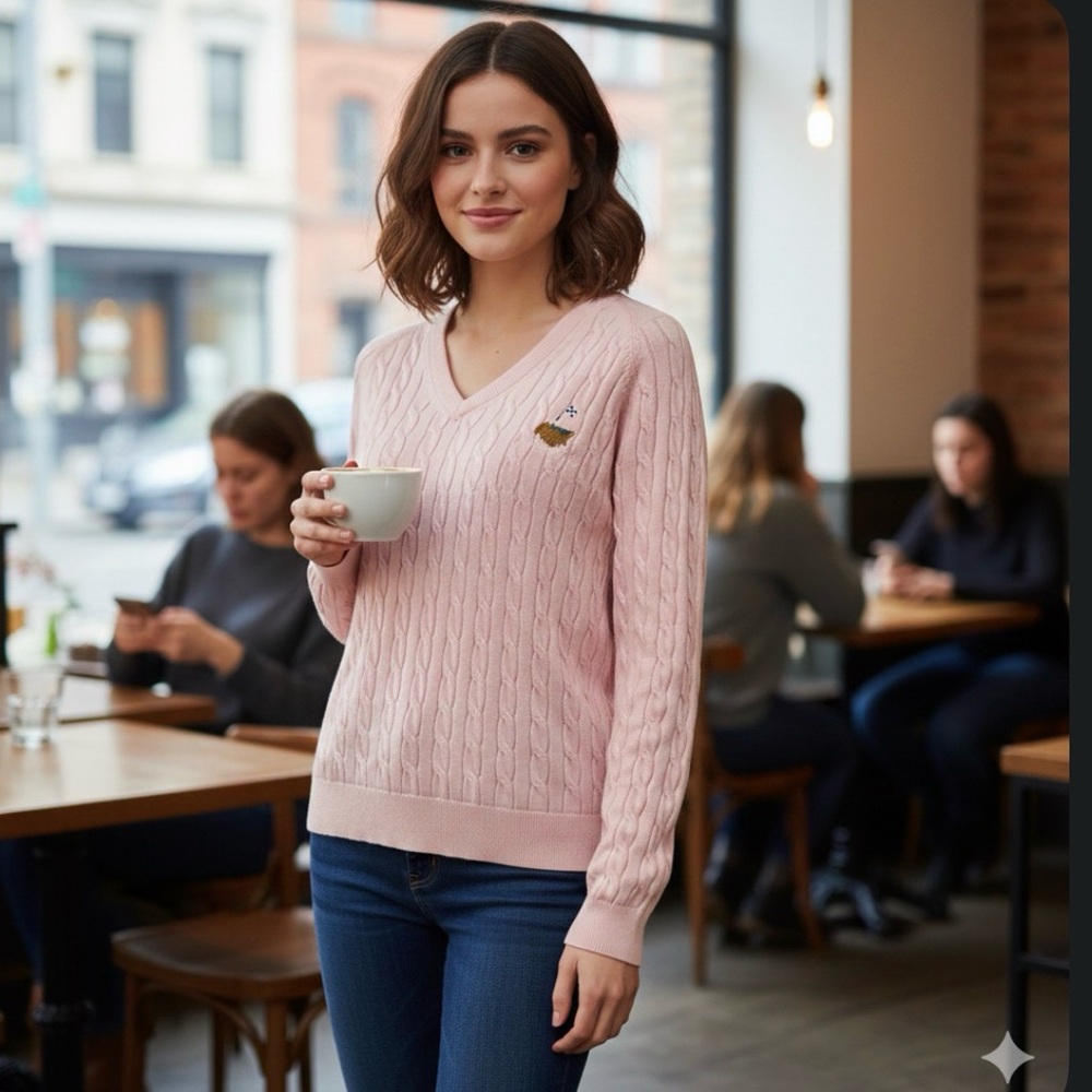 Kate Lord Pink Cable Knit V-Neck Sweater Women’s M Cotton Cashmere Blend Preppy